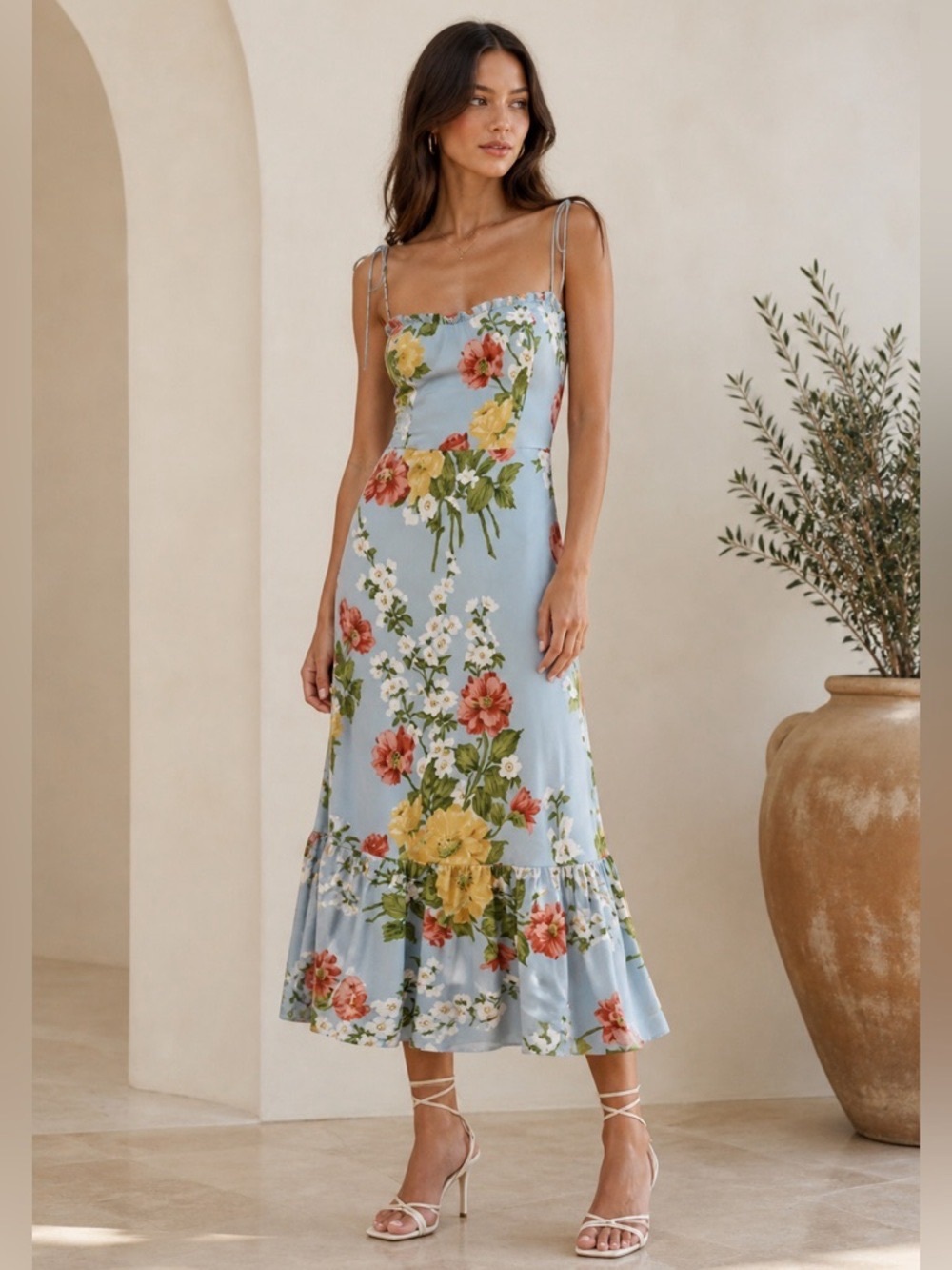 NWT Reformation Enya Dress Es Florist Print Midi Plus Size 14 Baby Blue Florals